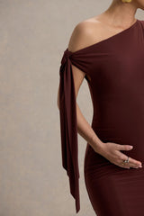 Katarine | Brown Asymmetric Knot Maternity Midi Dress