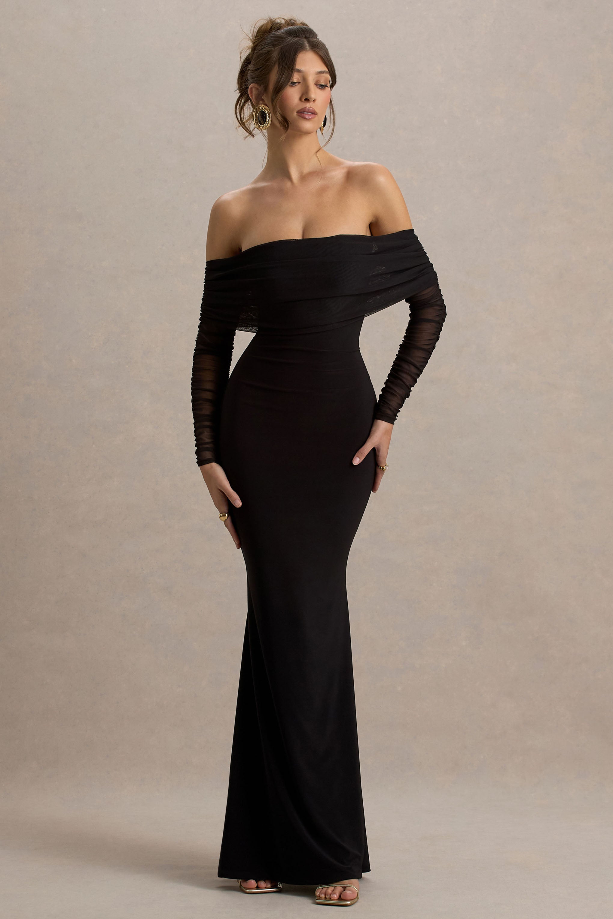 Madeleine | Black Fishtail Maxi Dress With Bardot Mesh Long Sleeves