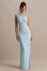 Daphne | Powder Blue Asymmetric-Neck Maxi Dress With Ruched Detailing