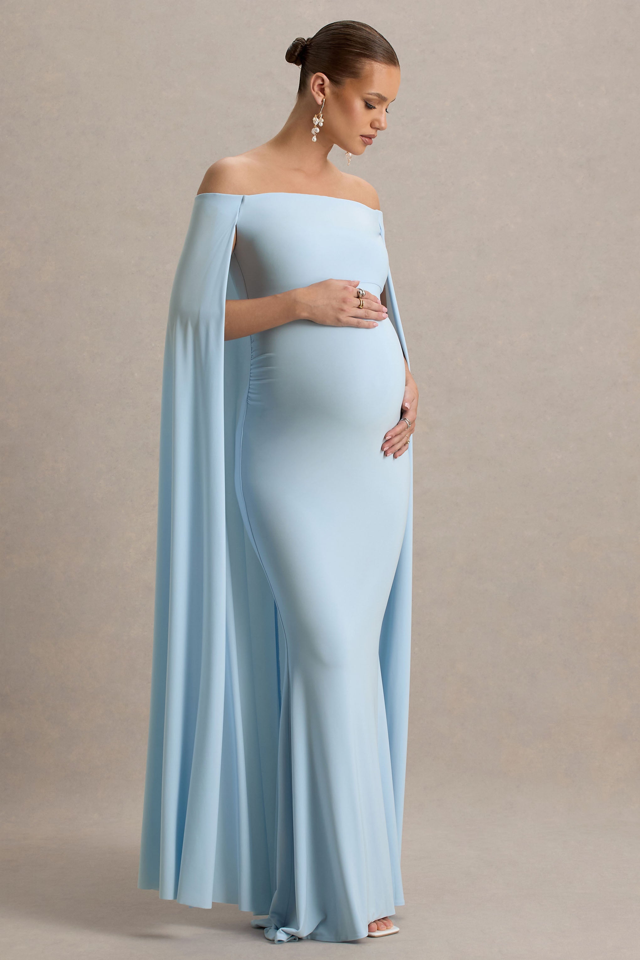 Radiance | Powder Blue Bardot Maternity Maxi Dress With Cape