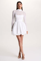 Tinkerbell | White Satin Long-Sleeve Puffball Mini Dress