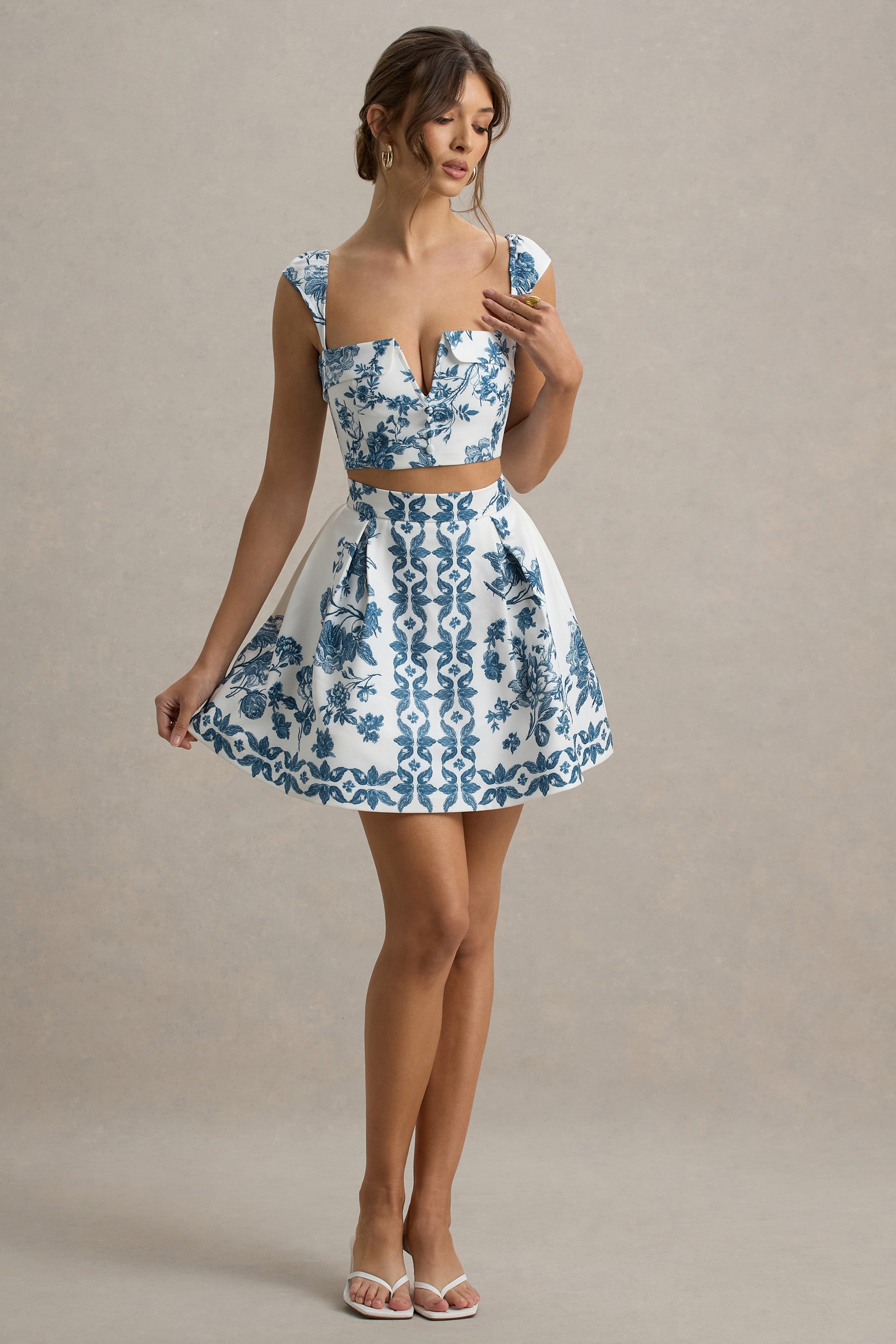 Modella | Blue Porcelain Print Skater Mini Skirt