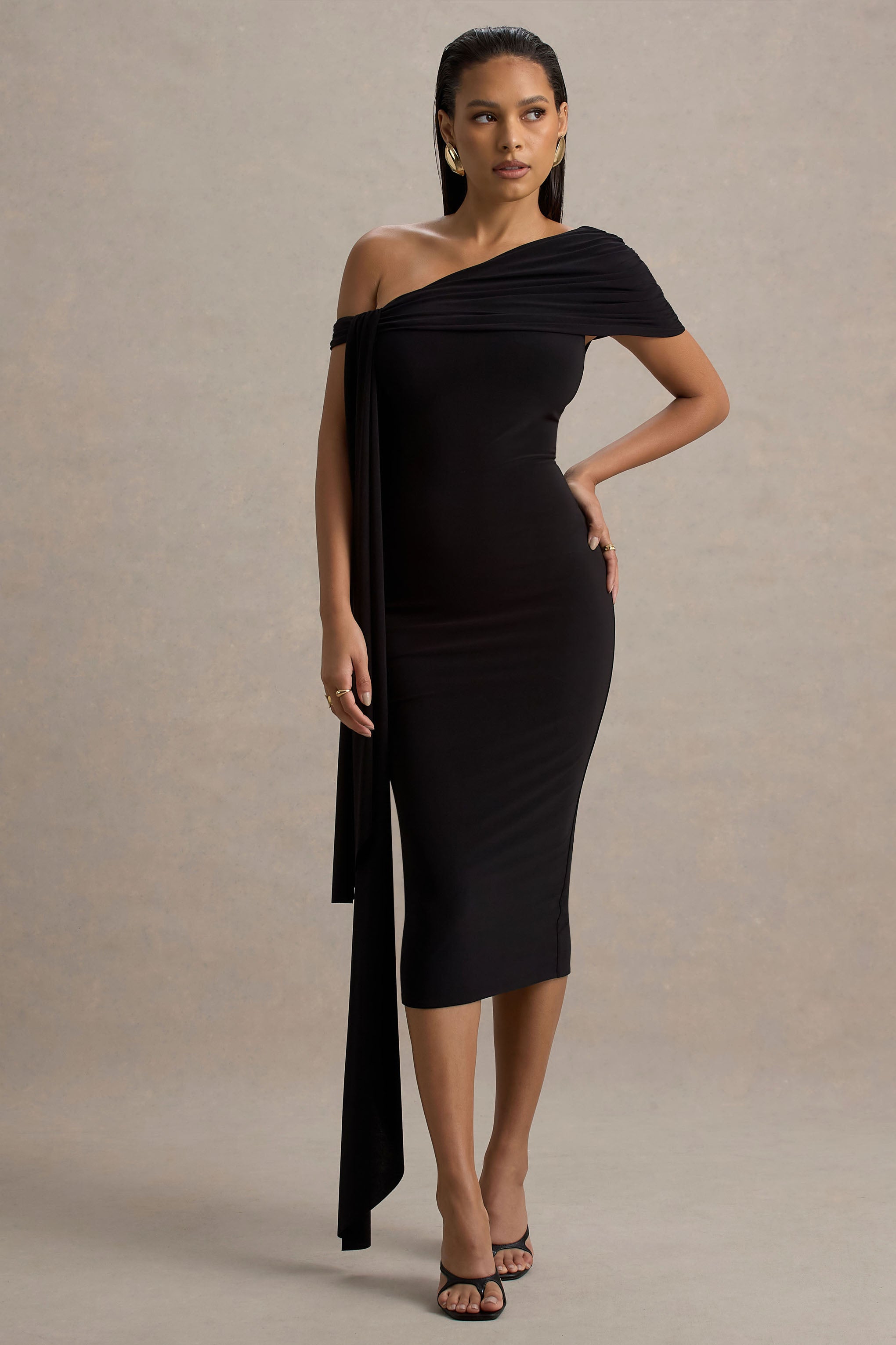 Vallea | Black One-Shoulder Draped Midi Dress