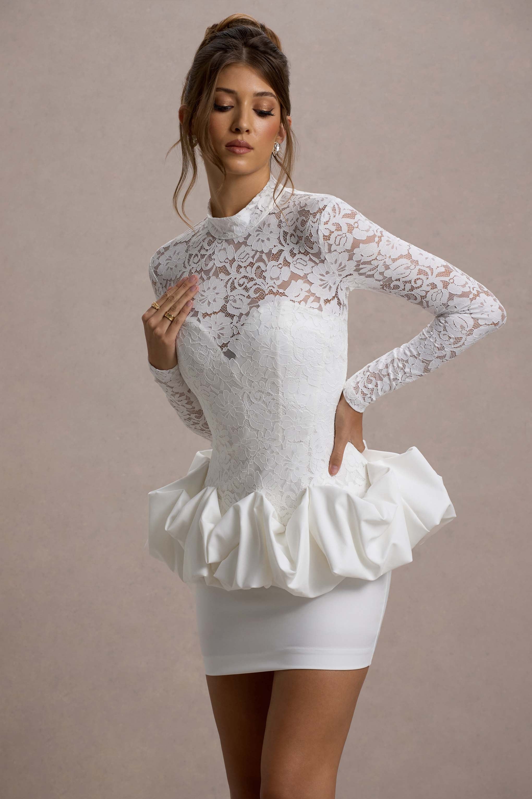 Antheia | White Lace Long-Sleeve Peplum Mini Dress