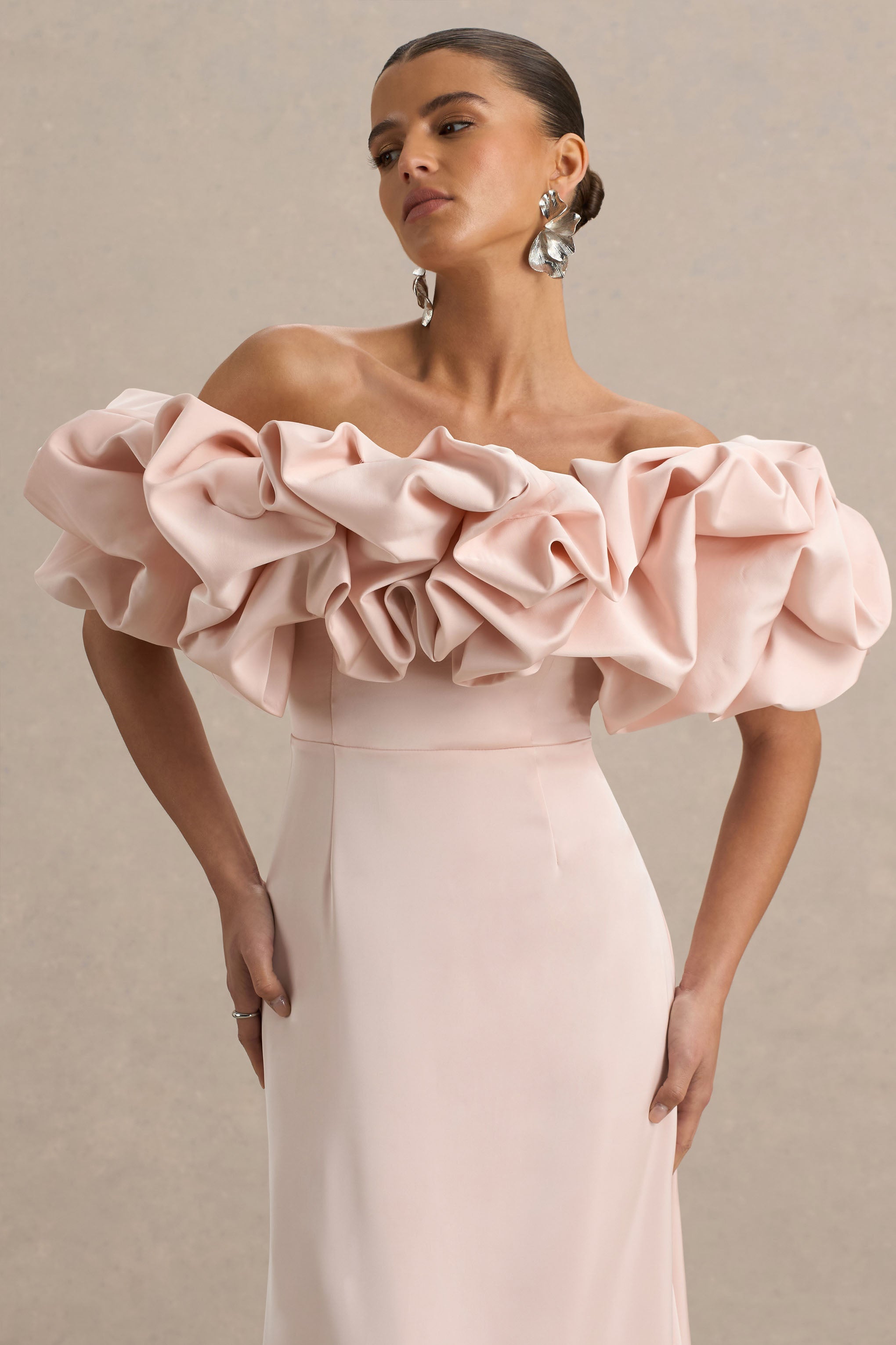 Allie | Pale Pink Puff Bardot Maxi Dress