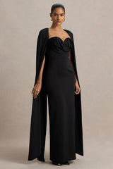 Wren | Black Satin Sweetheart-Neck Maxi Dress With Cape Sleeves