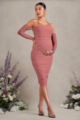 Pixie | Blush Pink Ruched Long-Sleeved Halter-Neck Maternity Midi Dress