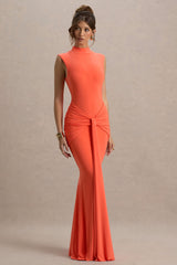 Graziana | Coral High-Neck Gathered Draped Maxi Dress