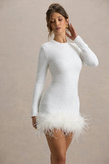 Claudia | White Sequin High Neck Feather Hem Mini Dress With Long Sleeves