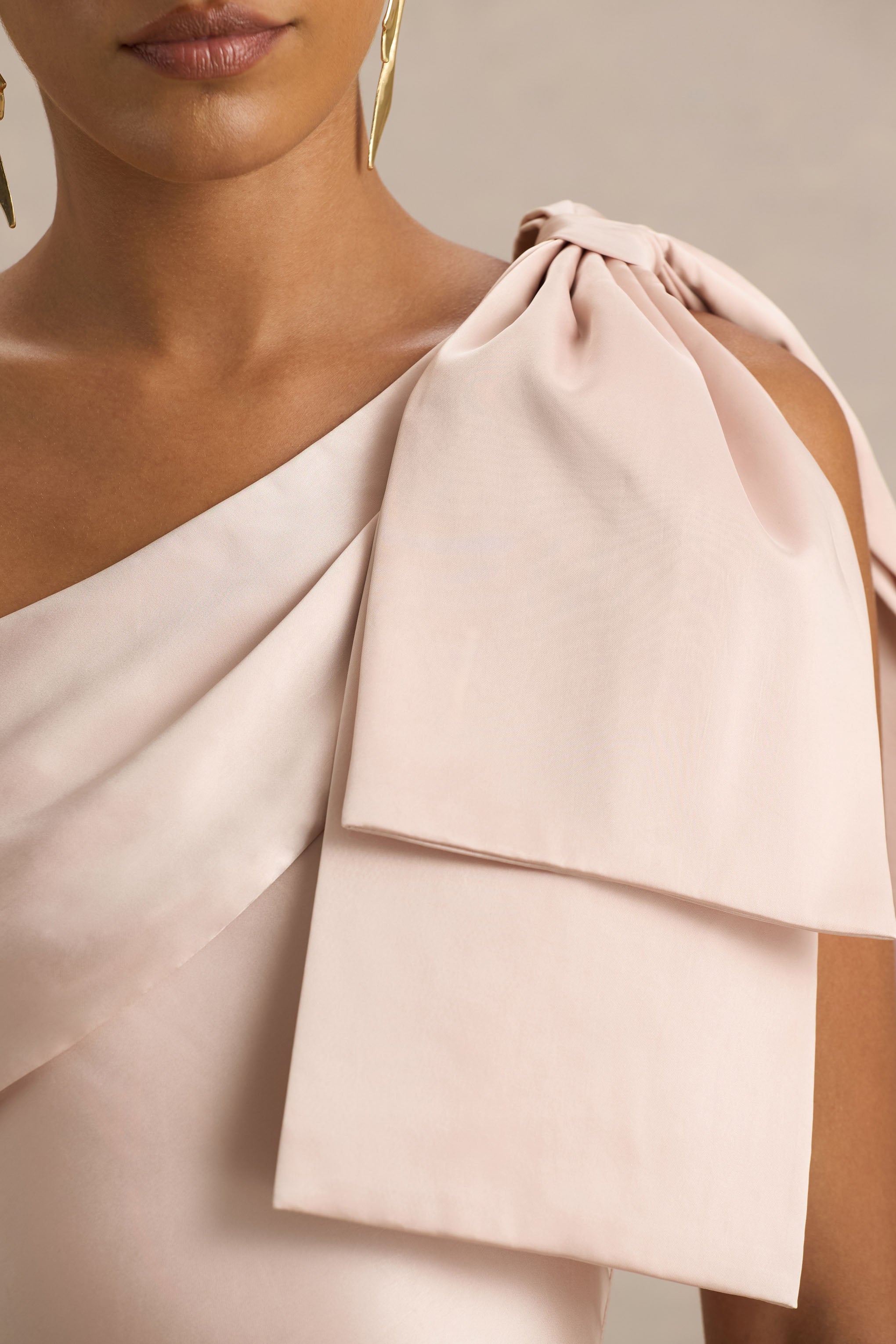 Valerie | Light Pink Satin Asymmetric-Neck Maxi Dress With Bow Detail