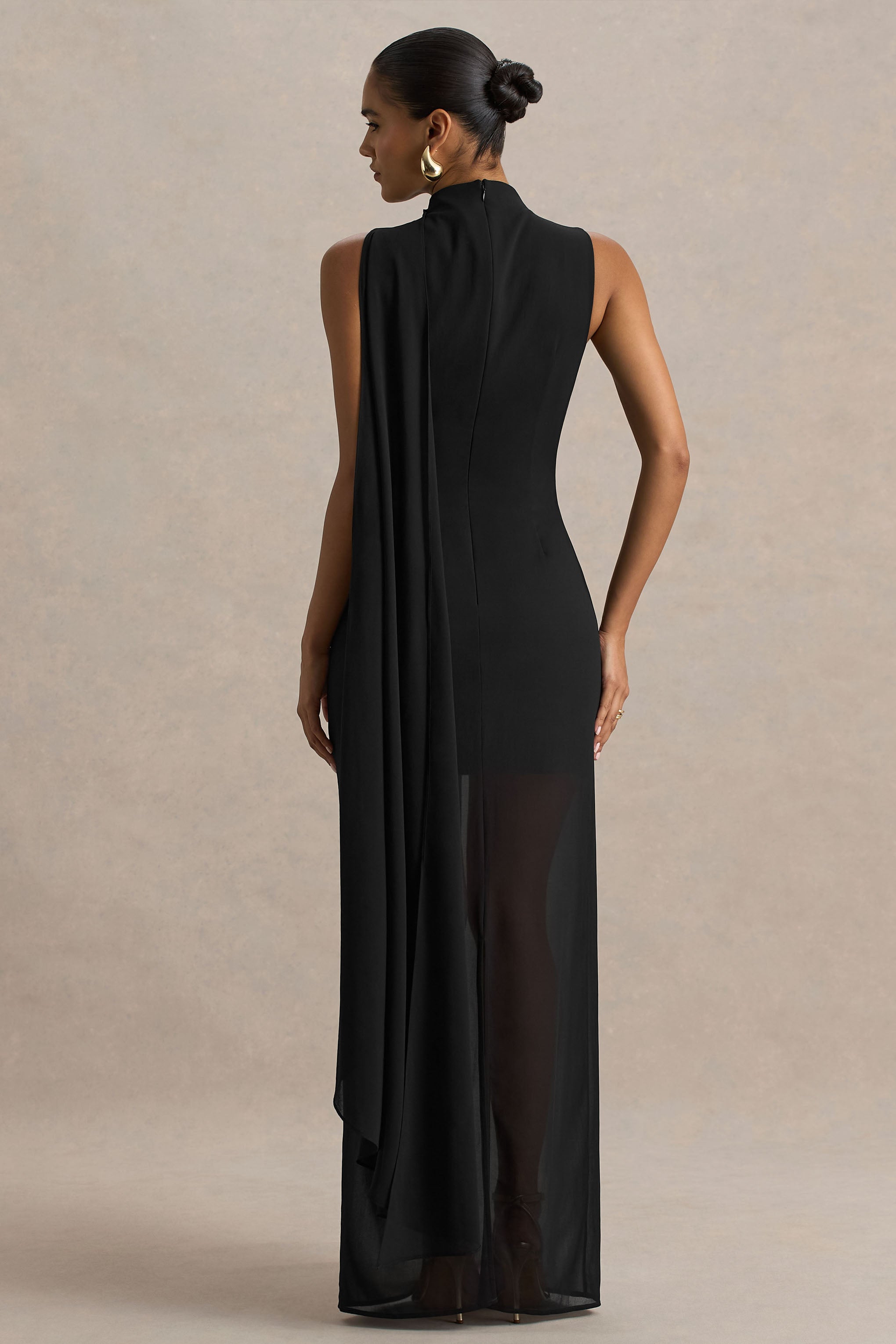 Unpredictable | Black High-Neck Maxi Dress With Back Cape Detail