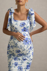 Linnie | Blue Floral Print Square-Neck Maternity Midi Dress With Bow Straps