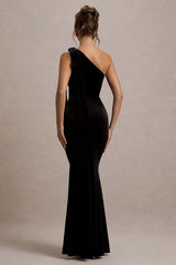Jillian | Black Velvet Asymmetric Maxi Dress With Bow Strap