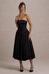 Keyton | Black Satin Bandeau Midi Dress