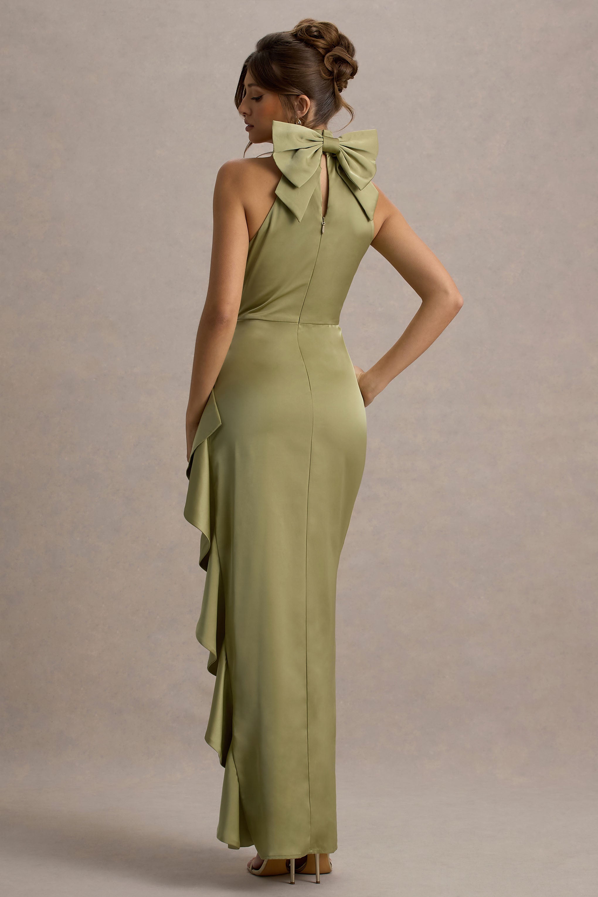 Maureen | Light Green Satin High-Neck Draped Maxi Dress