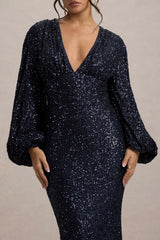 Kaelin | Navy Sequin Plunge-Neck Maxi Dress