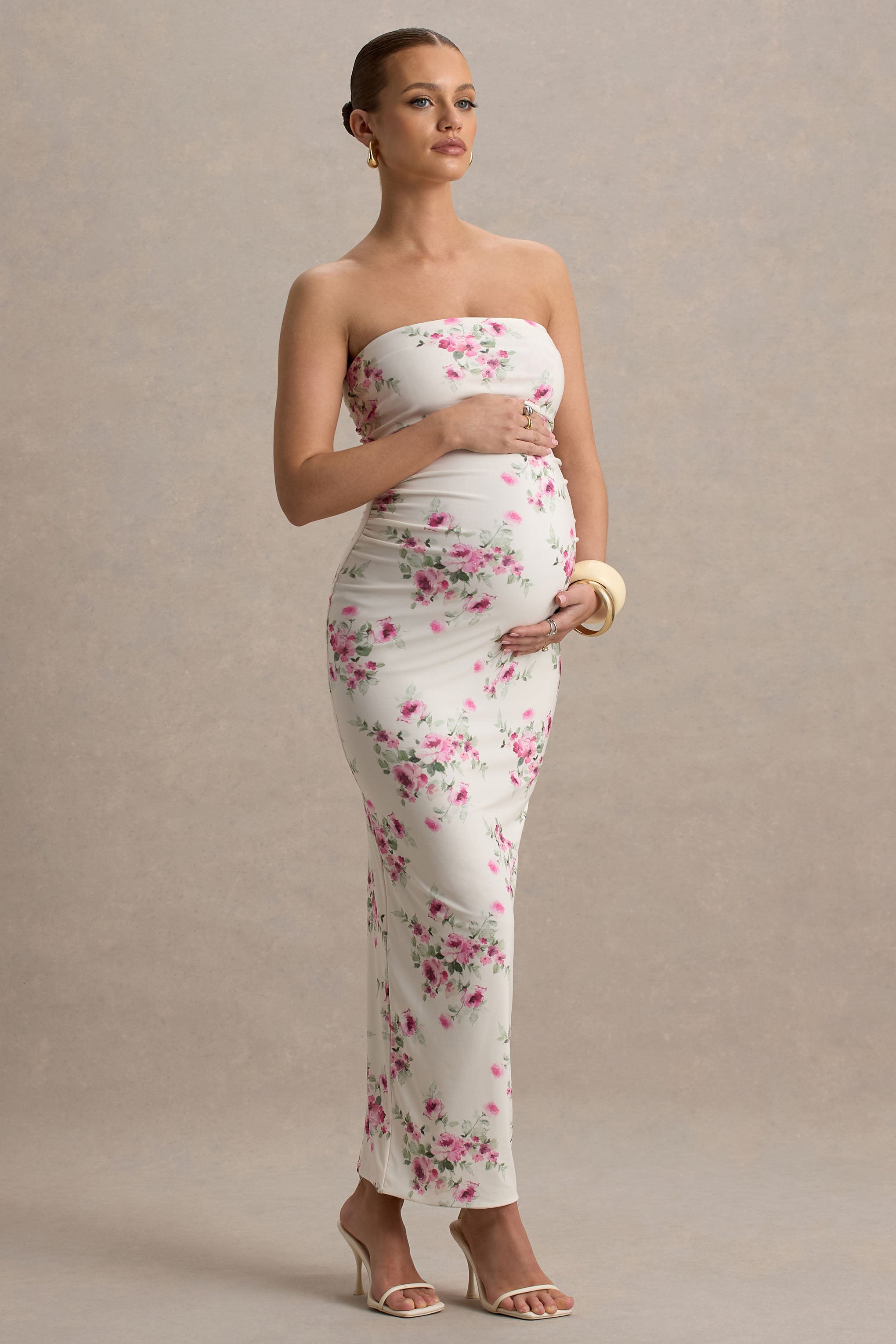Juniper | Cream Floral Strapless Maternity Maxi Dress