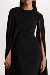 Marysol | Black Asymmetric Cape Midi Dress
