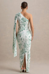 Aliana | Green Porcelain Print Asymmetric Maternity Maxi Dress With Ruched Detailing