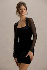 Off-Piste | Black Velvet Bodycon Mini Dress With Sheer Sleeves