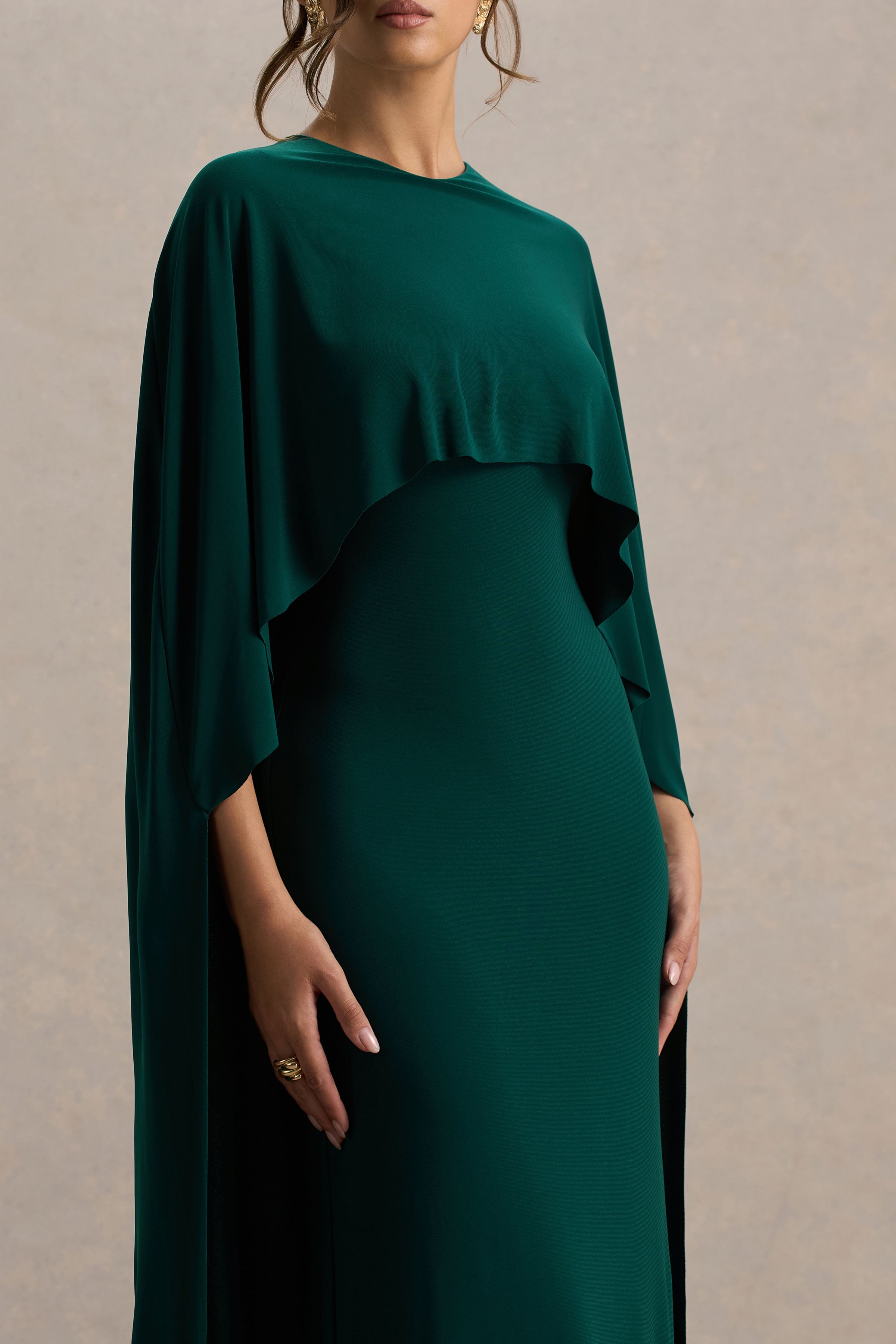Padma | Bottle Green Draped Maxi Dress With Cape Sleeves