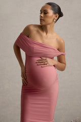 Jen | Pink Bardot Twisted Maternity Midi Dress
