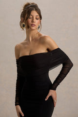 Madeleine | Black Fishtail Maxi Dress With Bardot Mesh Long Sleeves