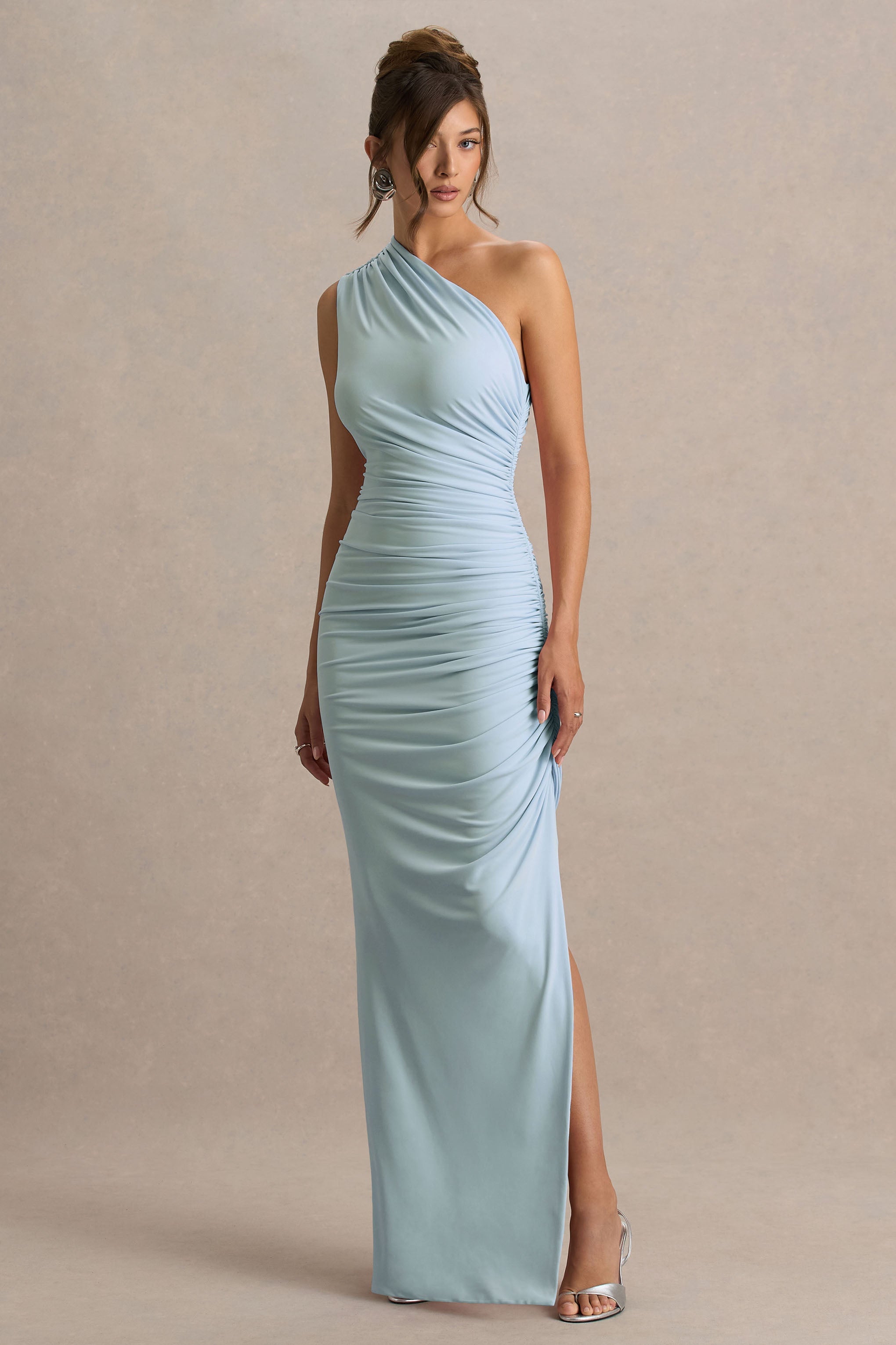 Daphne | Powder Blue Asymmetric-Neck Maxi Dress With Ruched Detailing