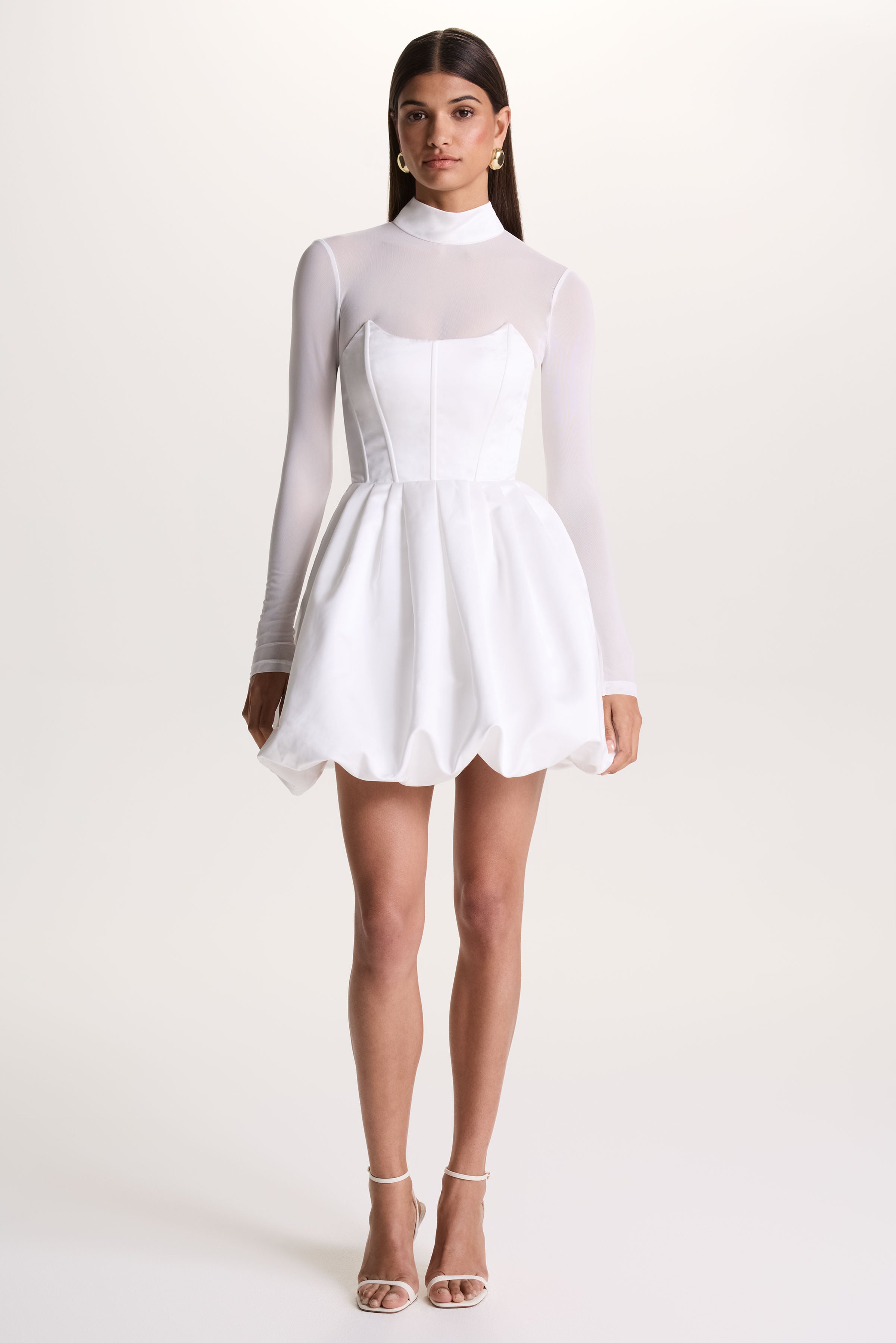 Tinkerbell | White Satin Long-Sleeve Puffball Mini Dress