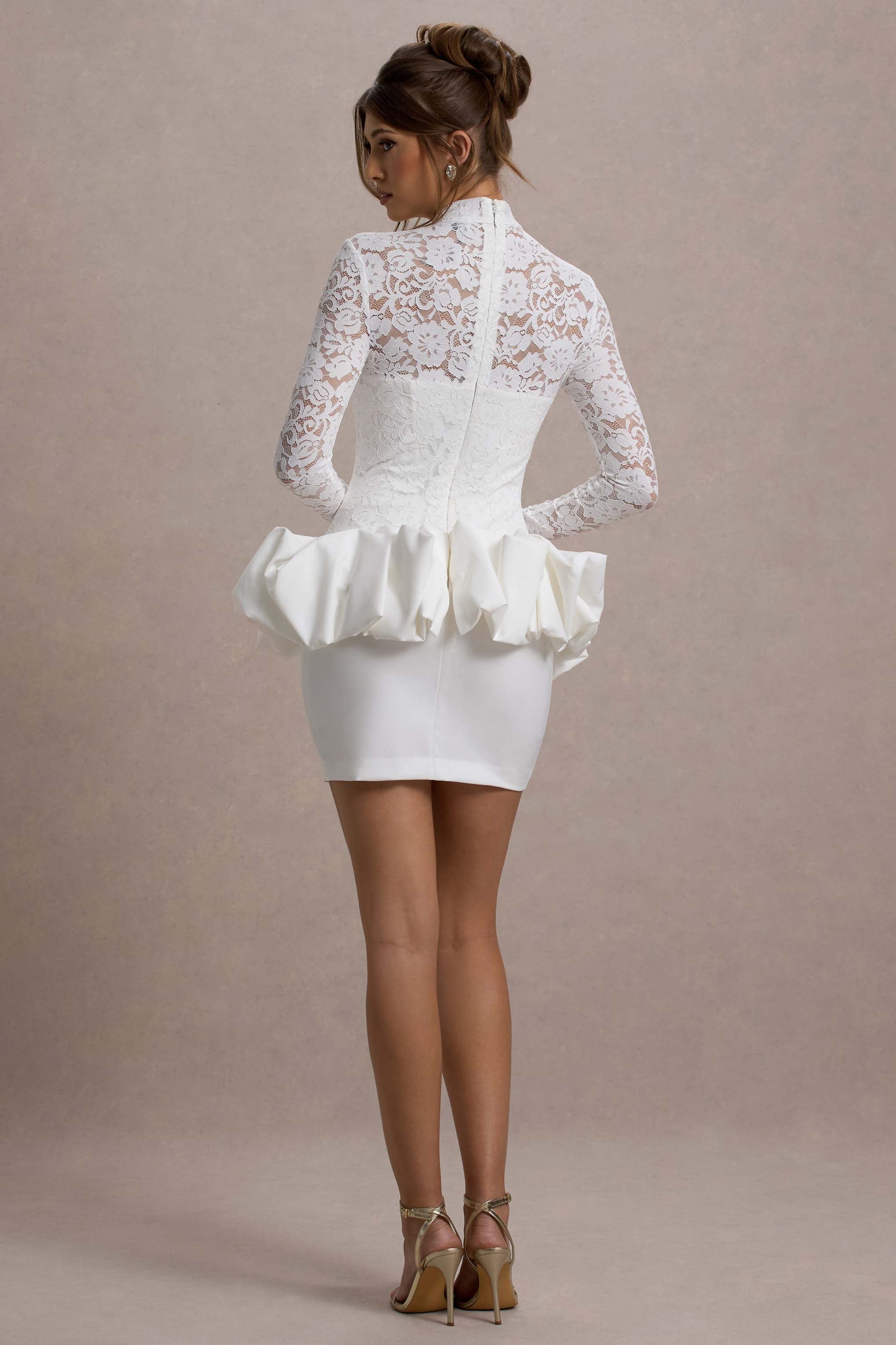Antheia | White Lace Long-Sleeve Peplum Mini Dress