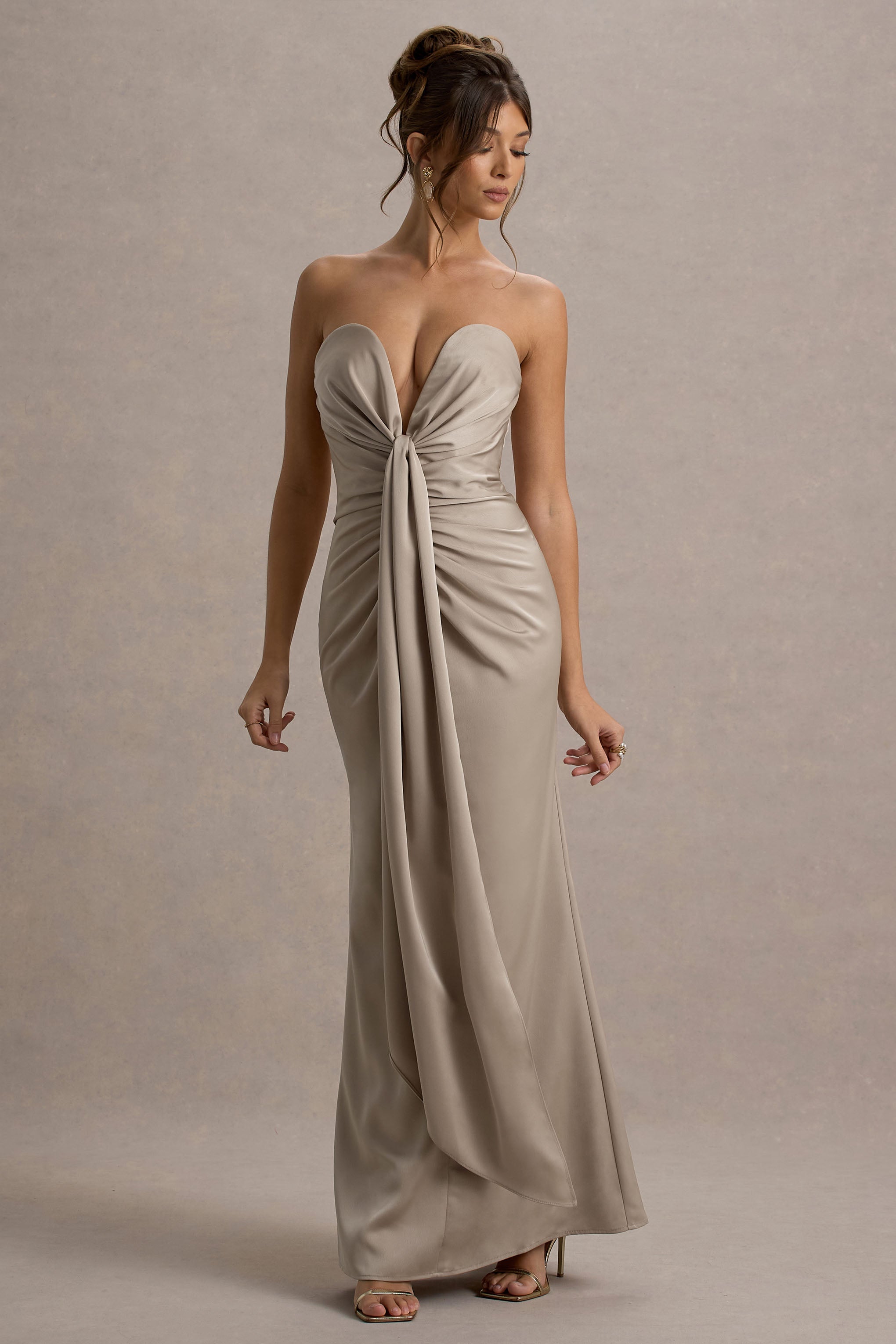 Mackenzie | Champagne Satin Plunge-Neck Draped Maxi Dress