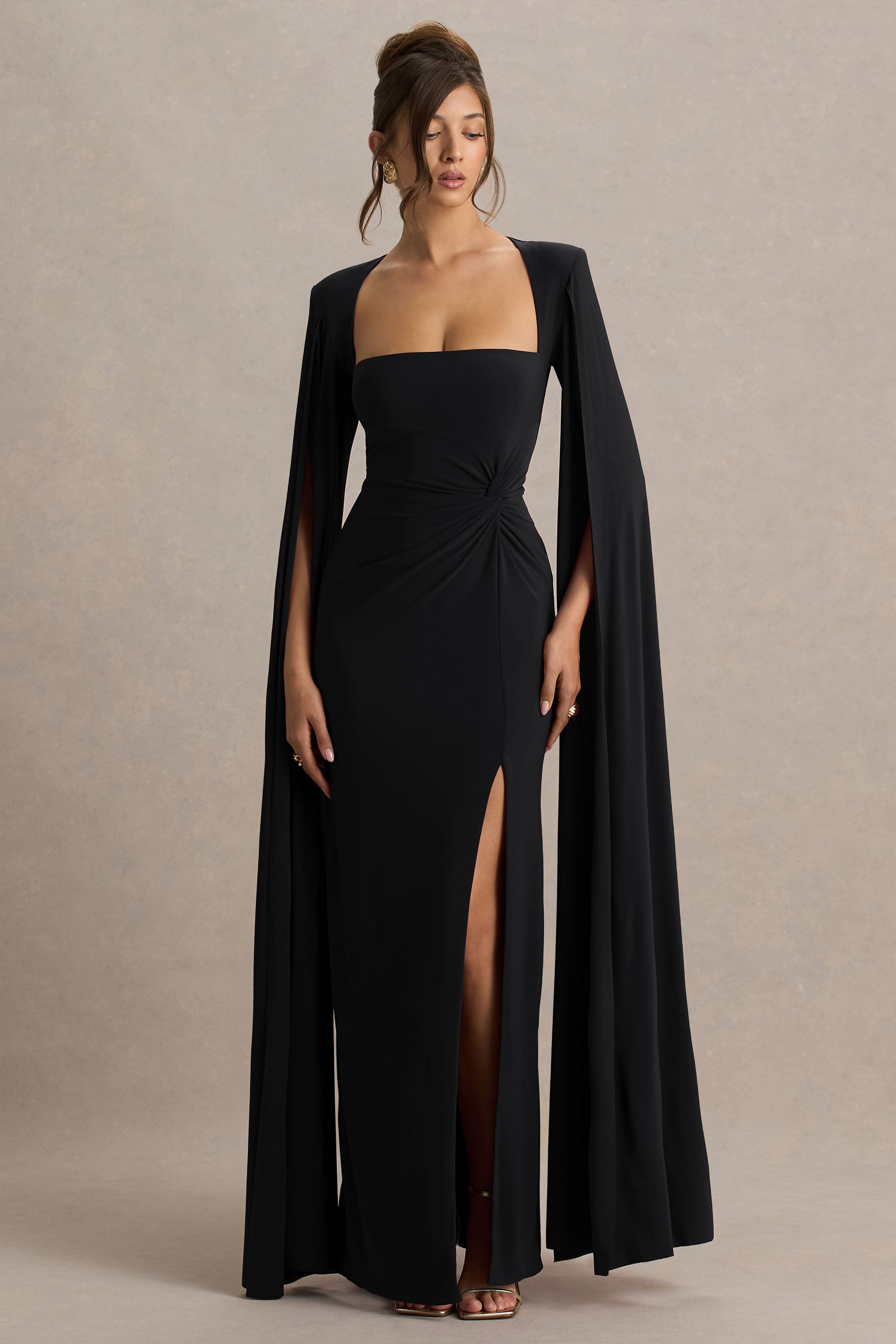 Claretta | Black Square Neck Twisted Maxi Dress With Cape Sleeves