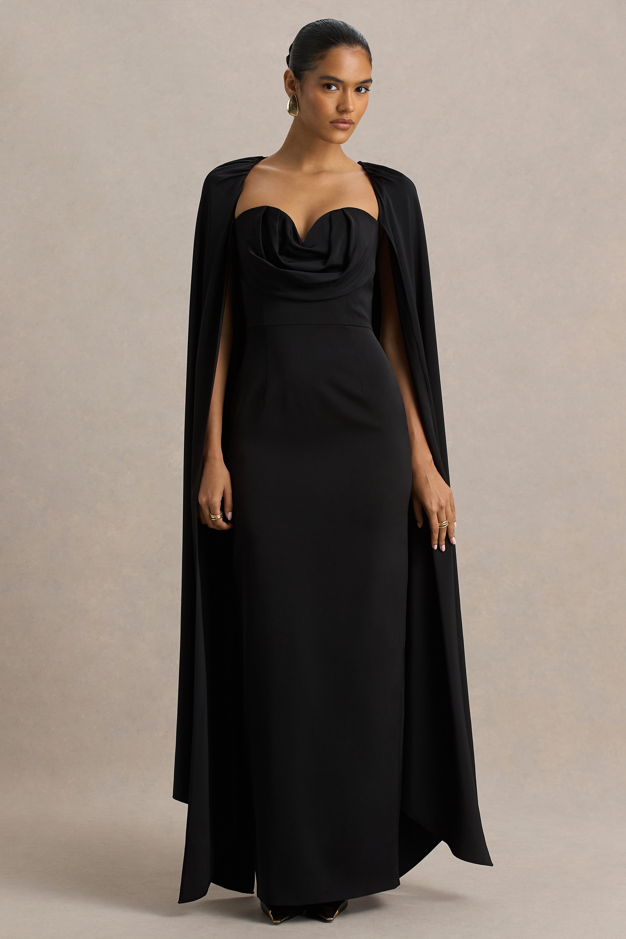 Wren | Black Satin Sweetheart-Neck Maxi Dress With Cape Sleeves