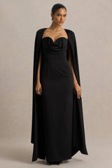 Wren | Black Satin Sweetheart-Neck Maxi Dress With Cape Sleeves