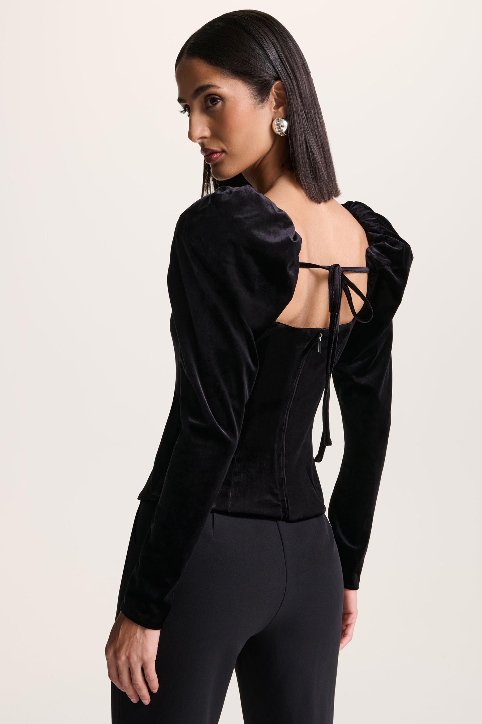 Tazmin | Black Velvet Embellished Square-Neck Top