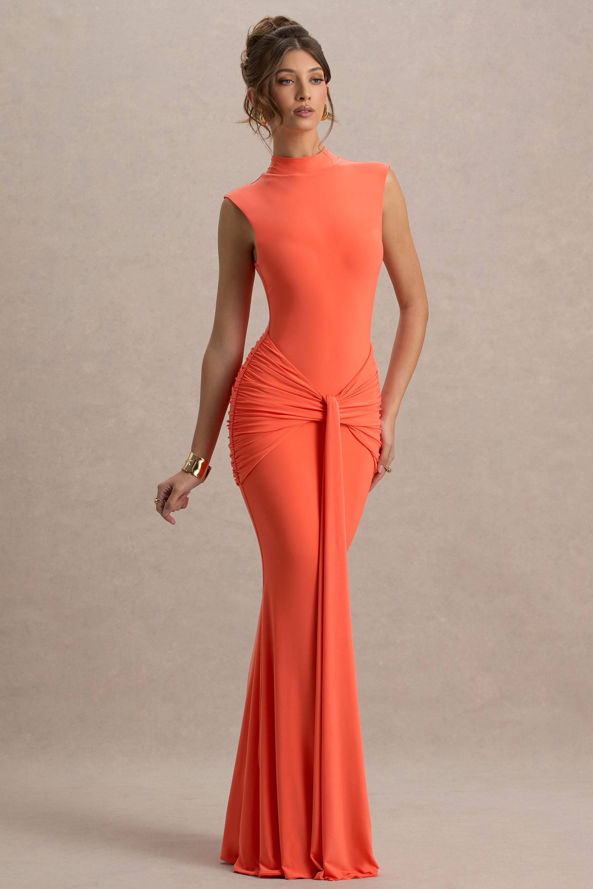 Graziana | Coral High-Neck Gathered Draped Maxi Dress