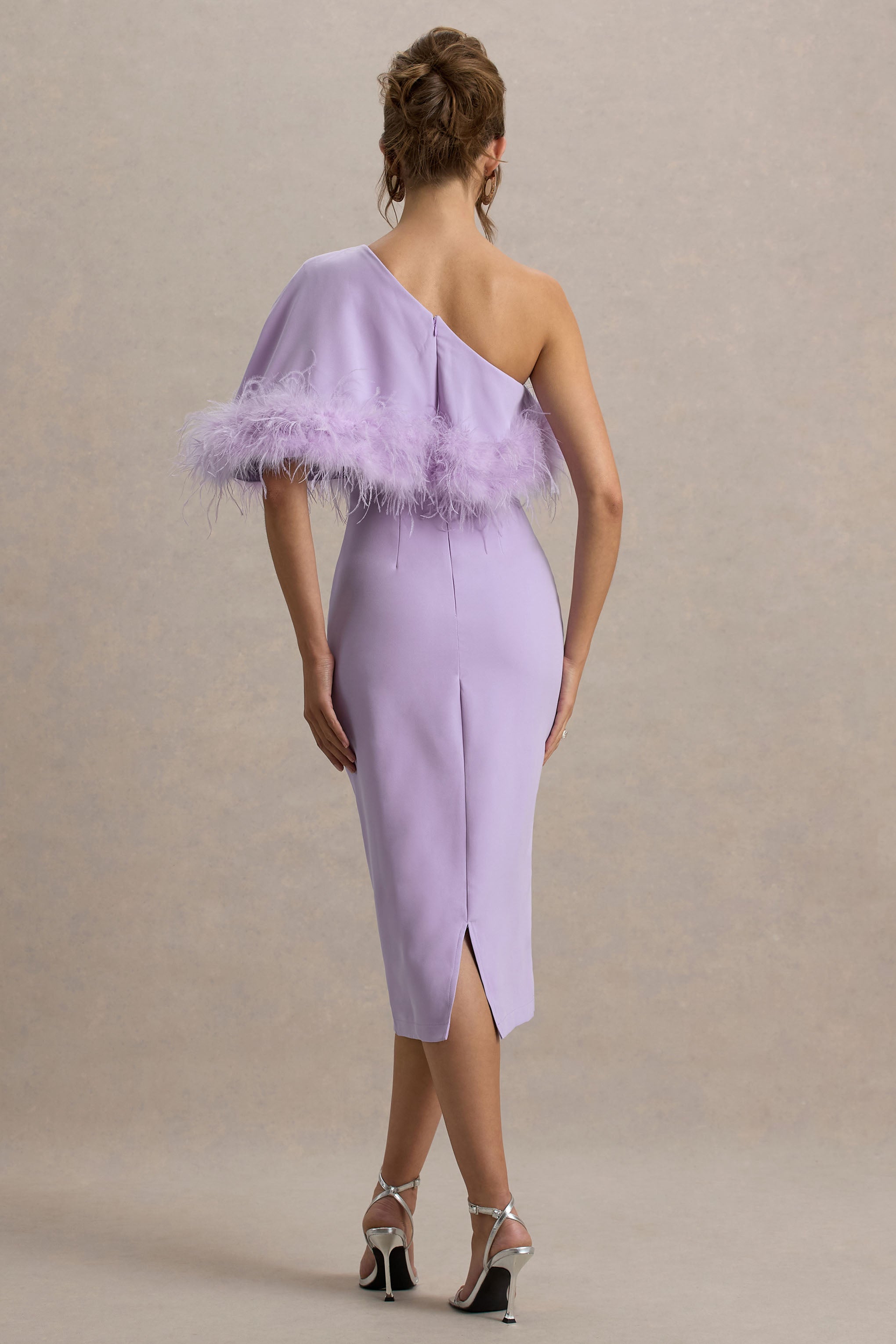 Victory | Lilac One Shoulder Midi Dress With Feather Trim