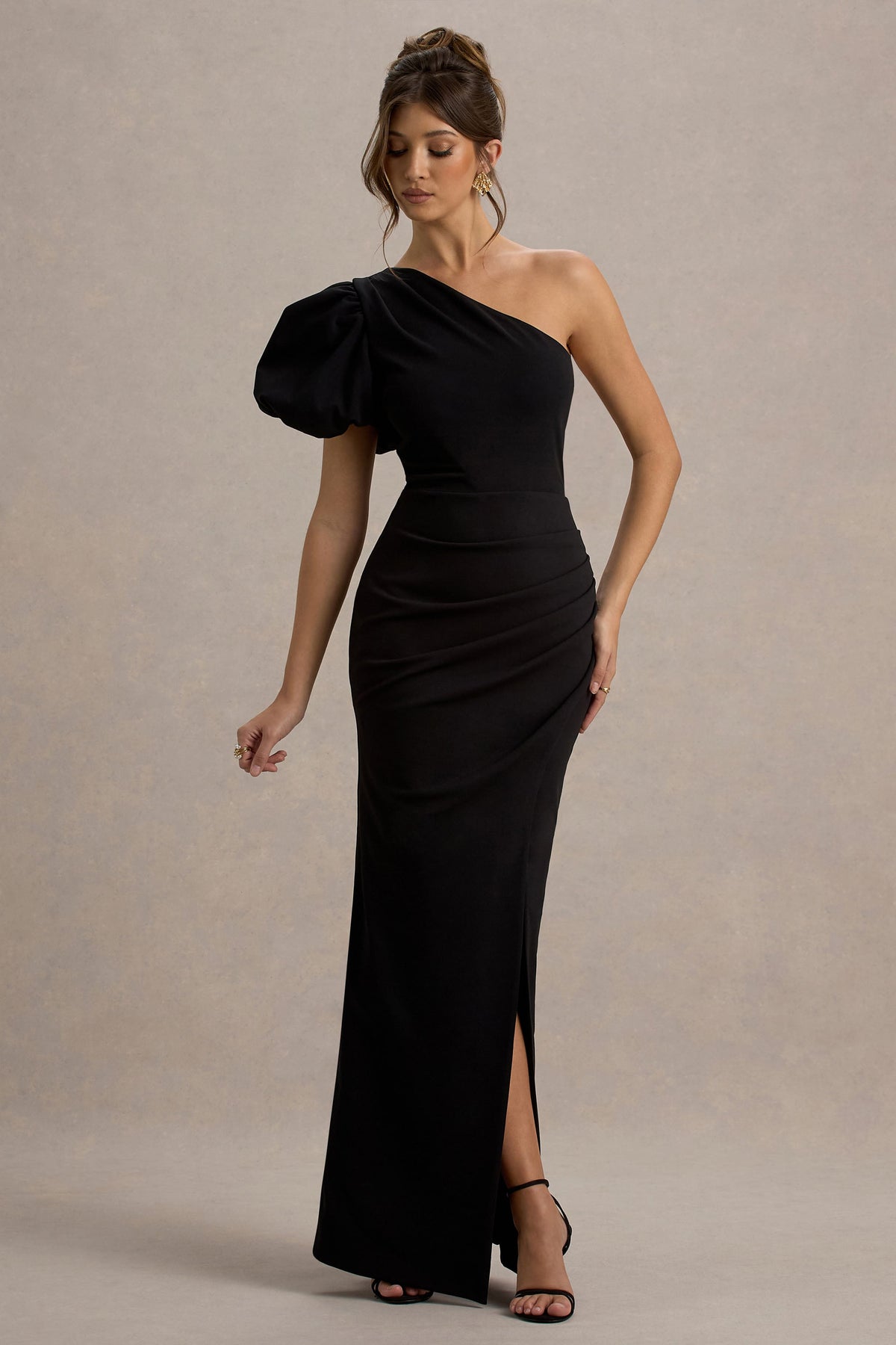 Vittoria | Black Asymmetric Puff-Sleeve Split Maxi Dress