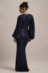Kaelin | Navy Sequin Plunge-Neck Maxi Dress