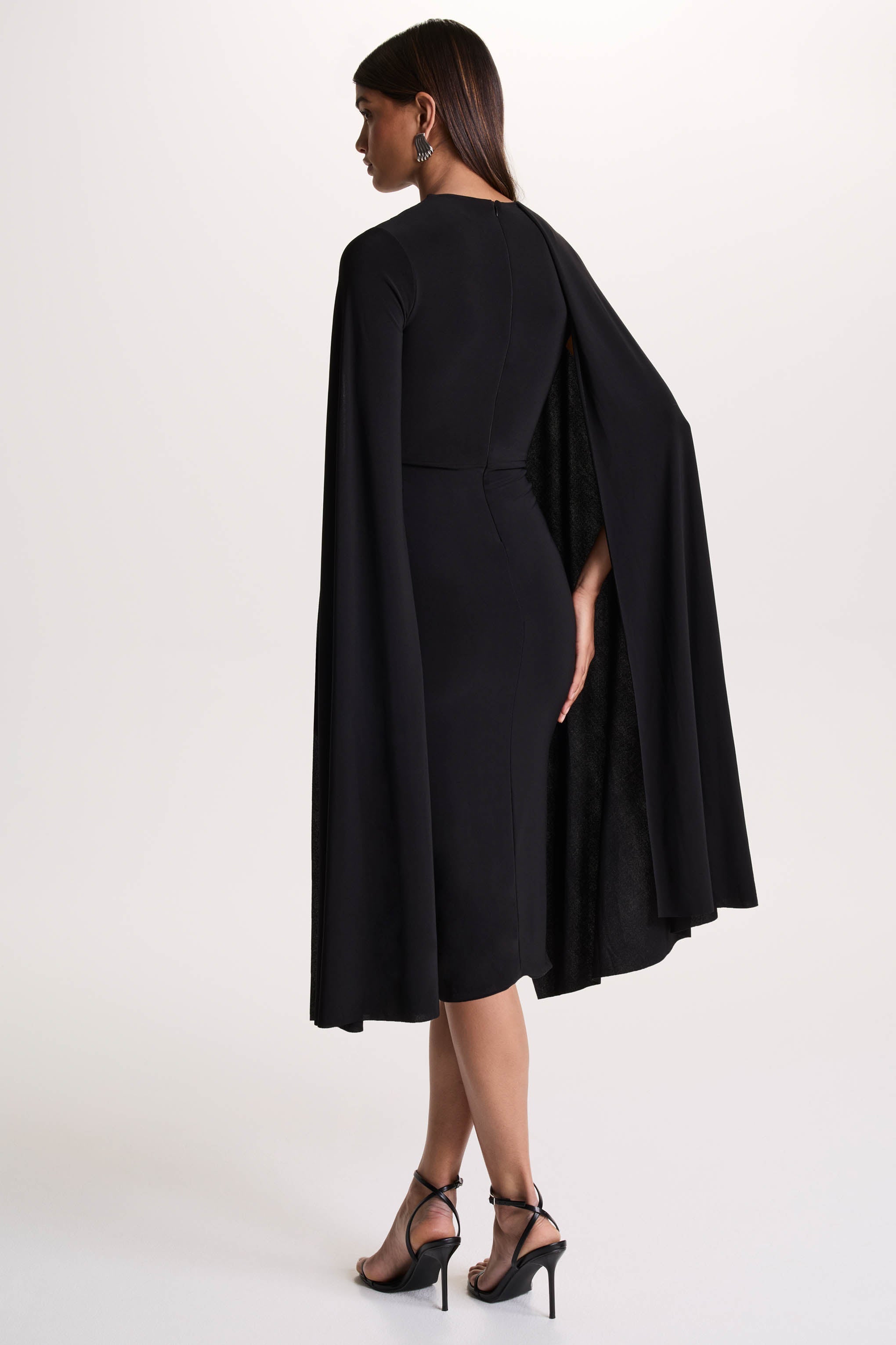 Marysol | Black Asymmetric Cape Midi Dress