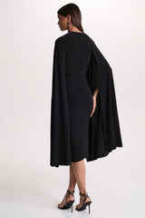 Marysol | Black Asymmetric Cape Midi Dress