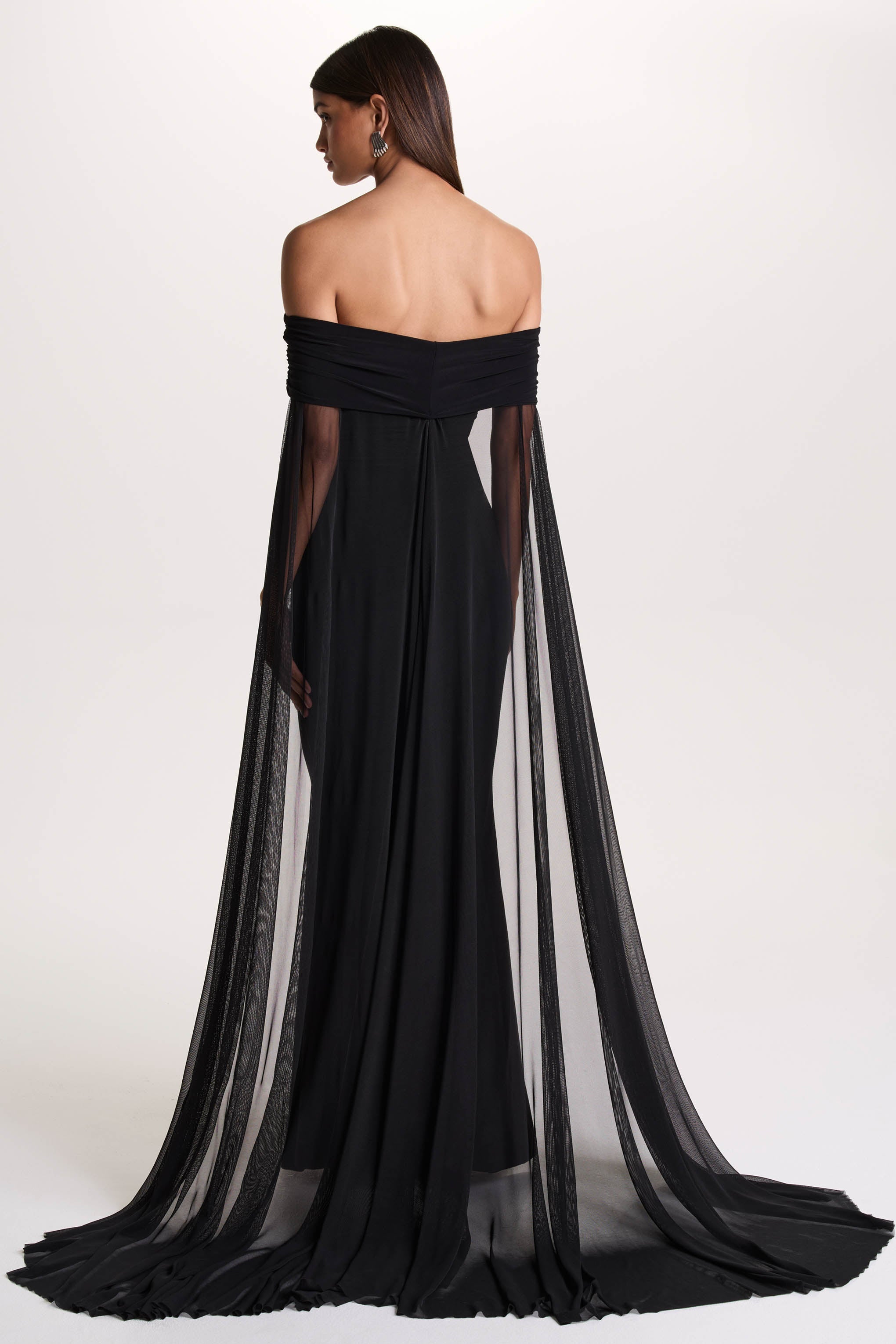 Carlotta | Black Bardot Maxi Dress With Chiffon Cape