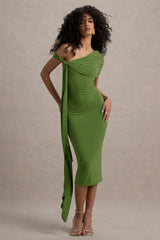 Vallea | Green One-Shoulder Draped Midi Dress
