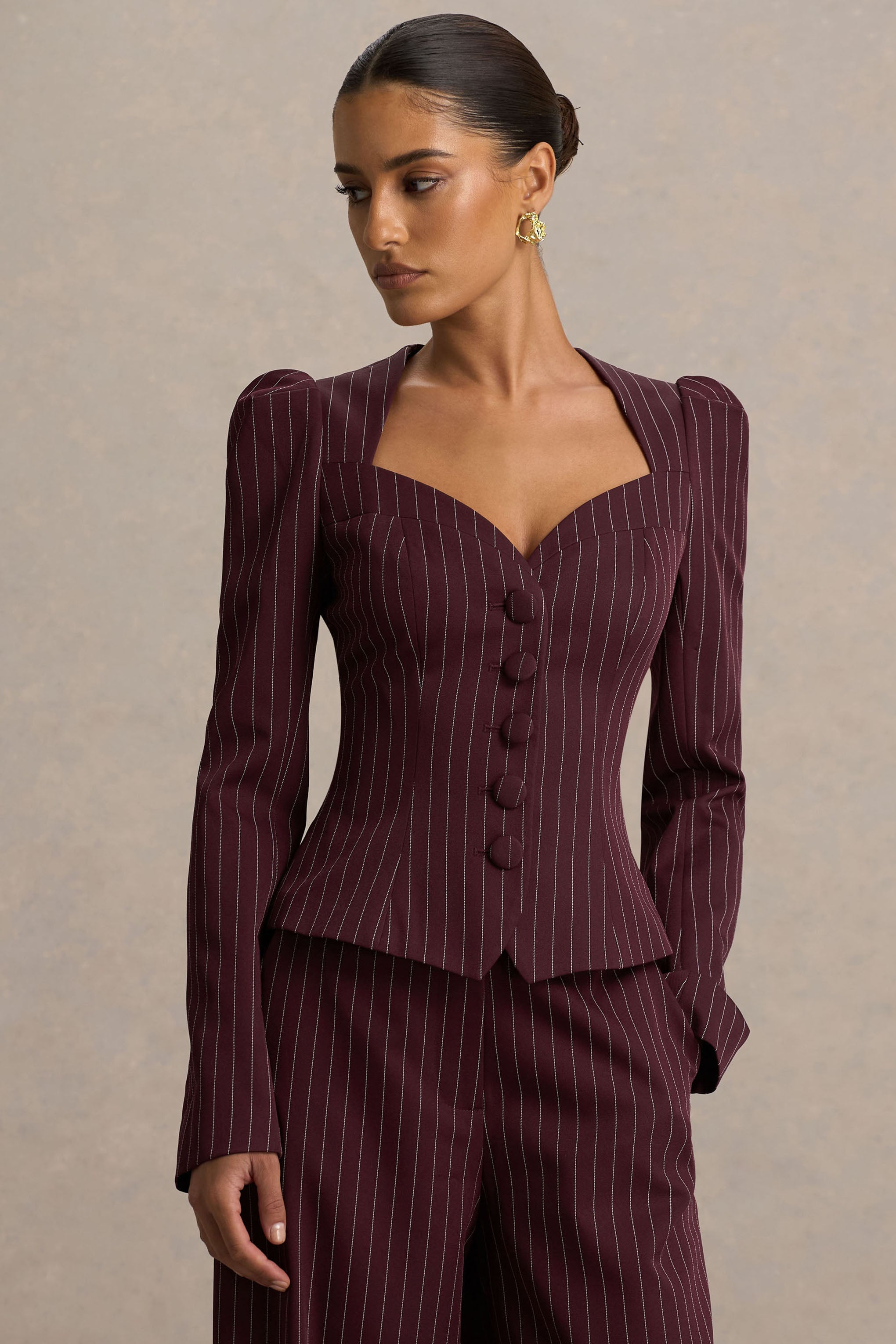 Lana | Burgundy Pinstripe Woven Sweetheart-Neck Tailored Top