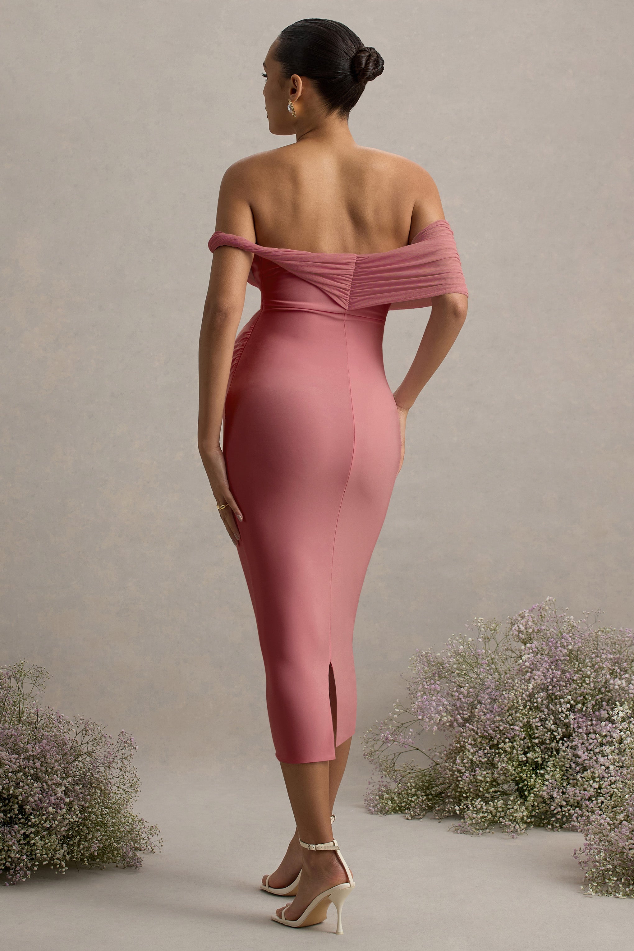 Jen | Pink Bardot Twisted Maternity Midi Dress