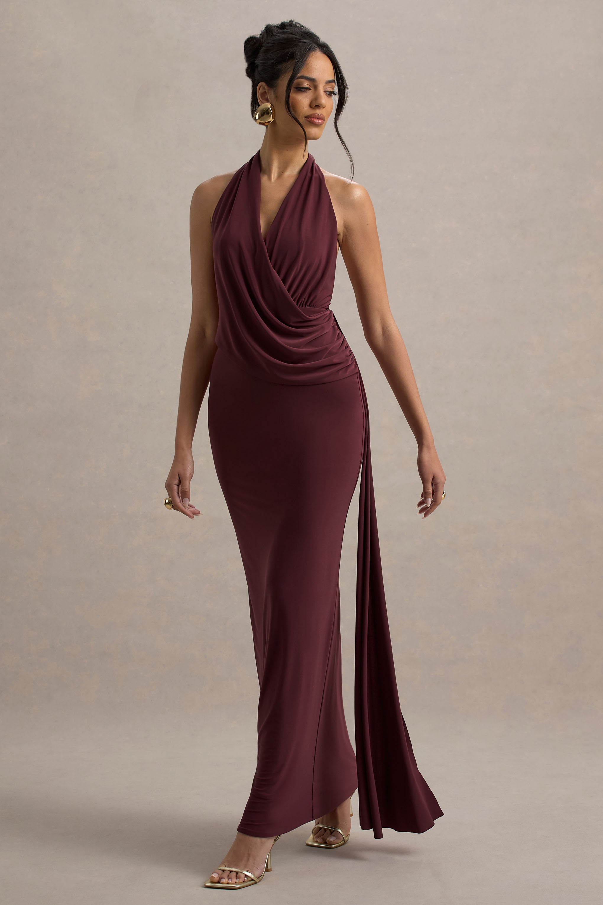 Rosina | Burgundy Halter-Neck Draped Maxi Dress With Sash