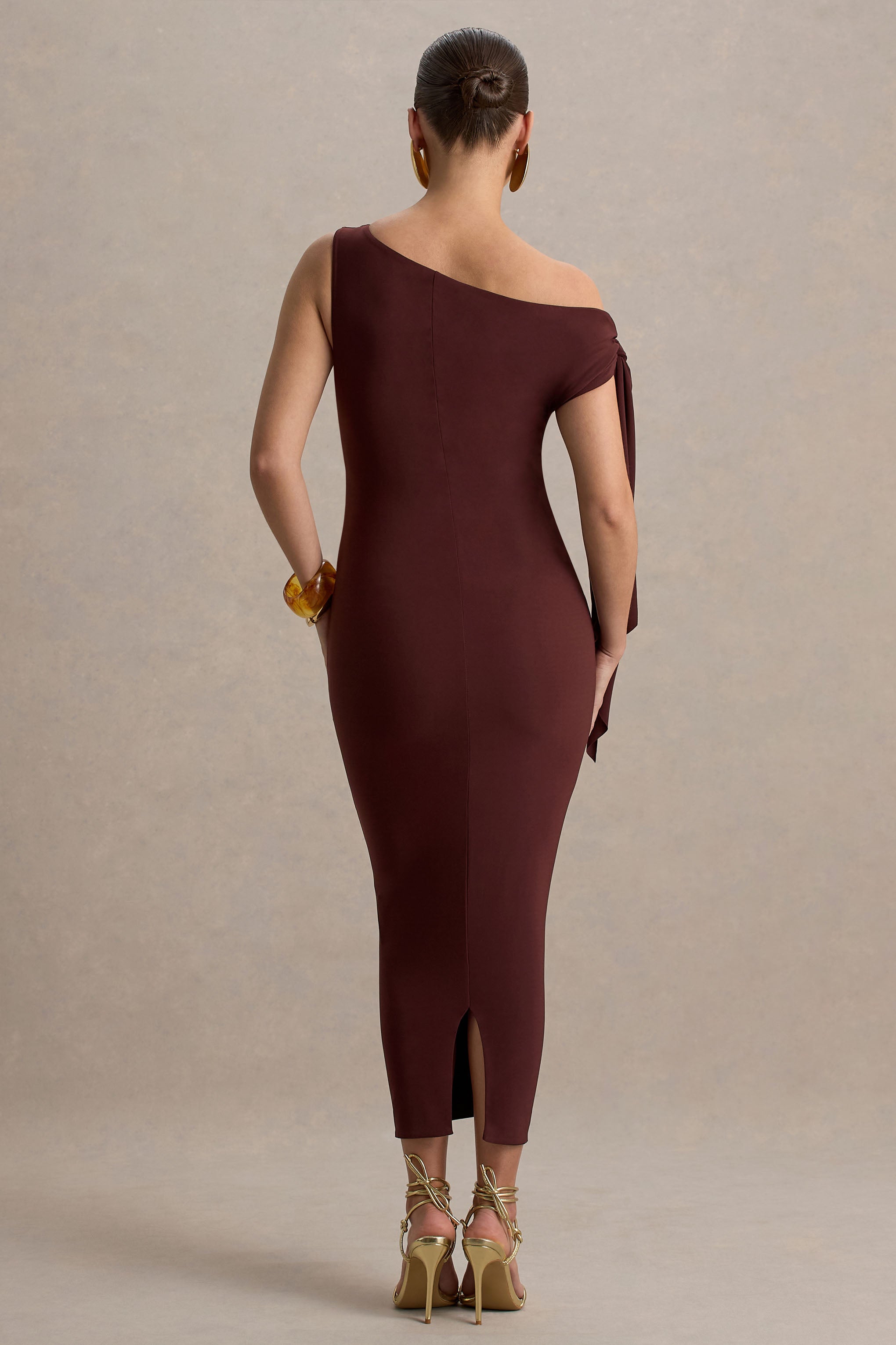 Katarine | Brown Asymmetric Knot Maternity Midi Dress