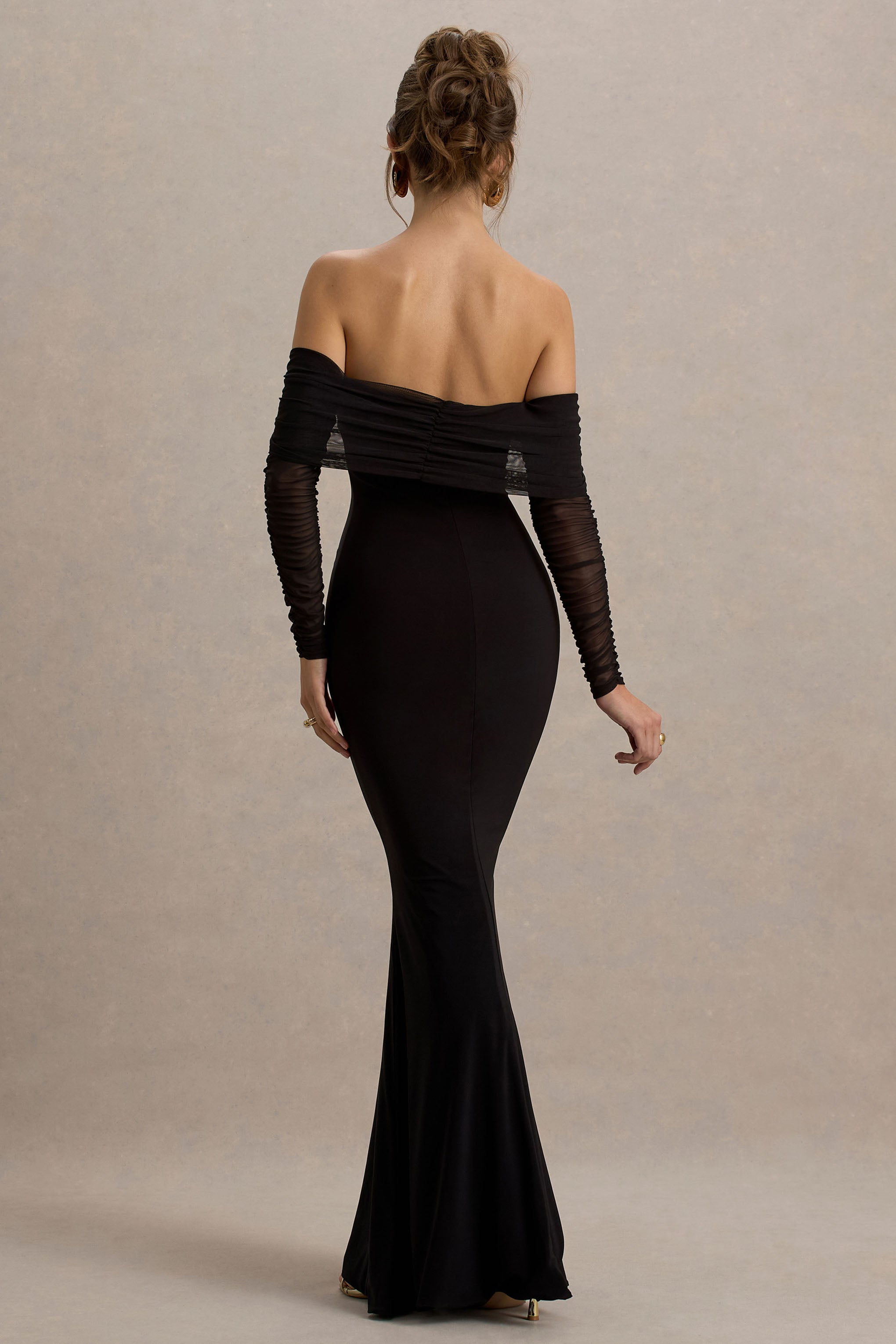 Madeleine | Black Fishtail Maxi Dress With Bardot Mesh Long Sleeves