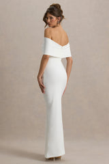 Eva | White Bardot Bow Detail Maxi Dress With Thigh Split