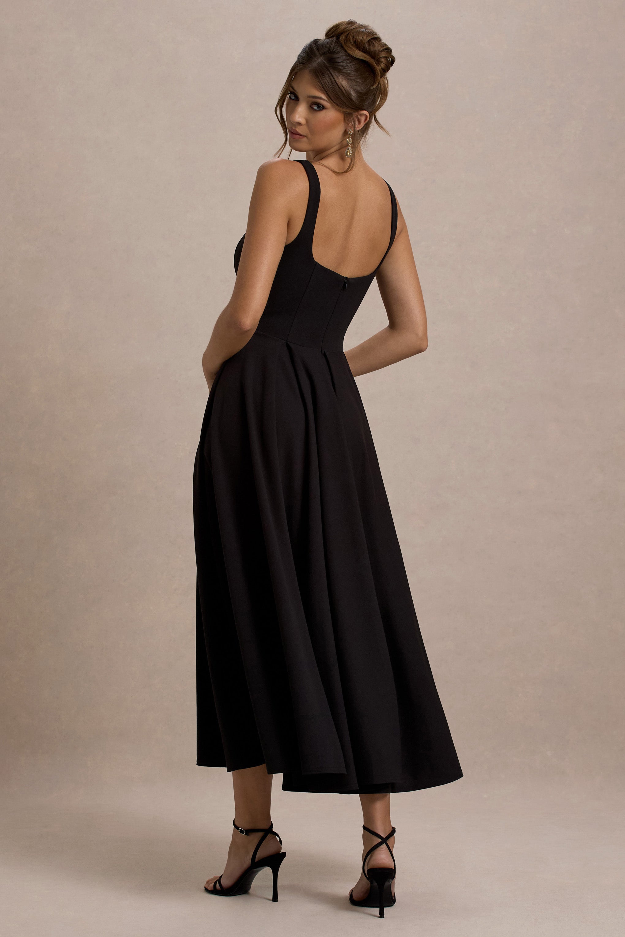 Parina | Black Strappy Volume-Hem Midi Dress
